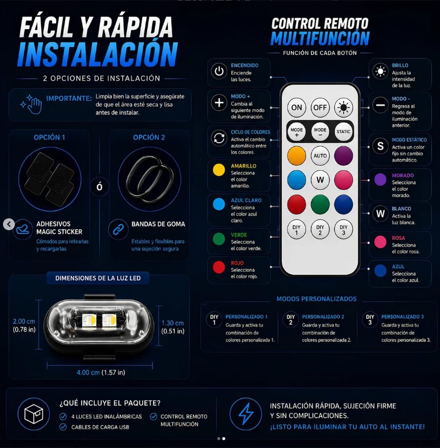 Detalle del control remoto e instalación de las luces LED TTORECAR